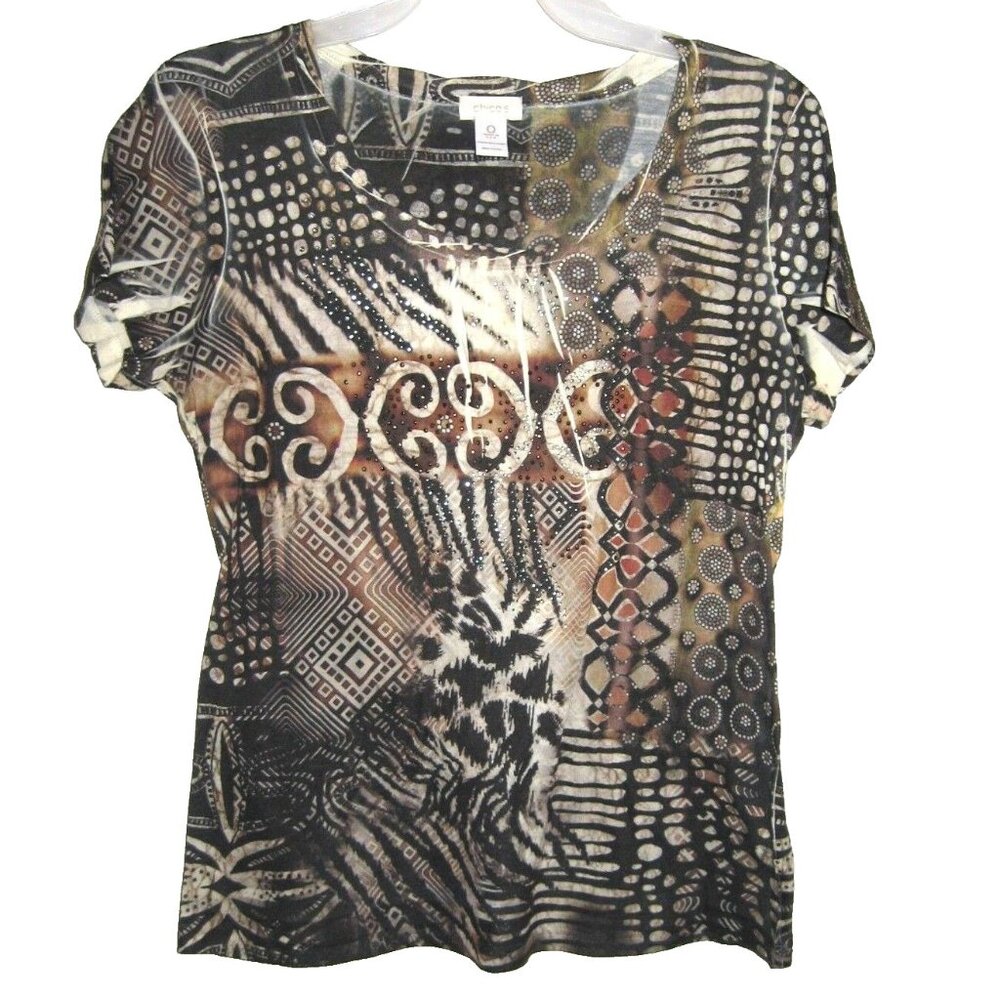 Chicos Geometric Sequin Embellished Short Sleeve Top Brown‎ Black White Size 0 S